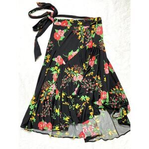 CABI Black Midnight Flowers Drama Wrap Midi Skirt Size Medium Modest #5700